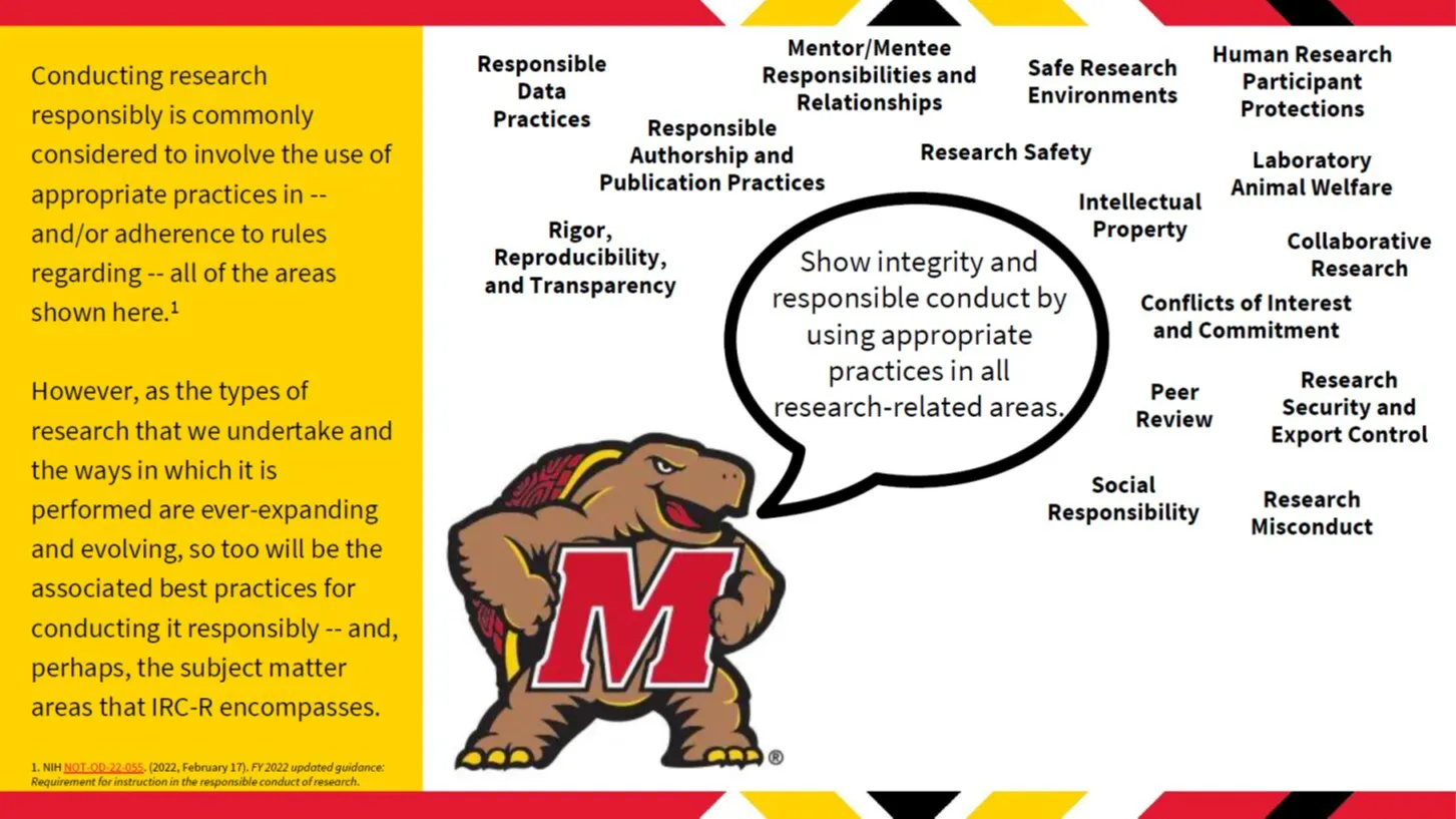 Image of Testudo with a speech bubble that talks about showing integrity and responsible conduct in all research-related areas. There are 15 research-related areas scattered around the speech bubble.