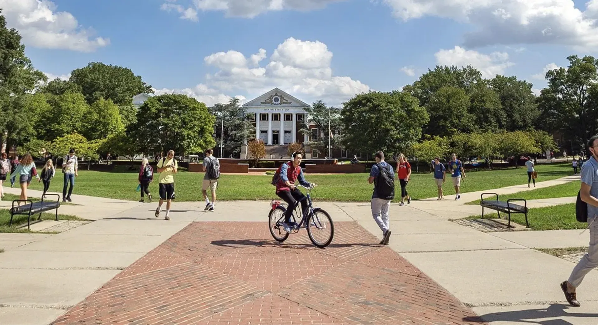 Students walking near the administration building