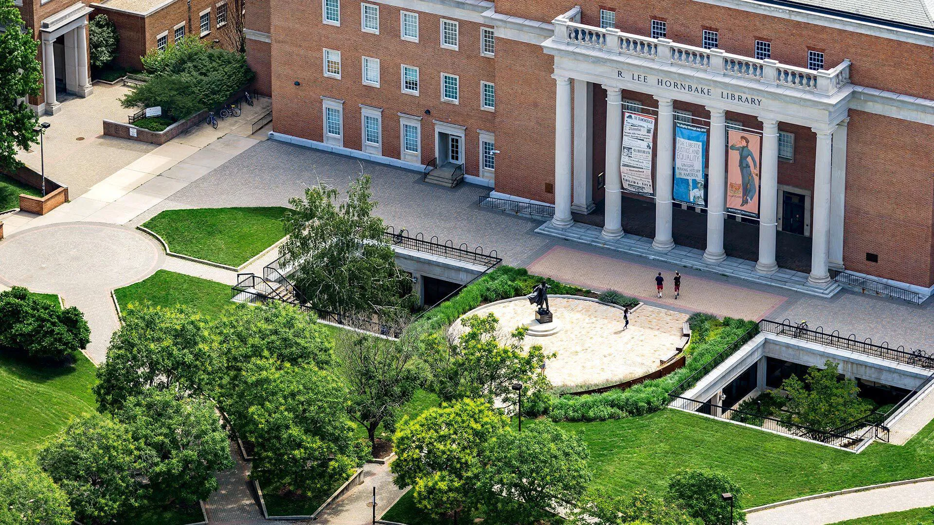Hornbake Plaza in Summer taken from a high vantage point at the University of Maryland
